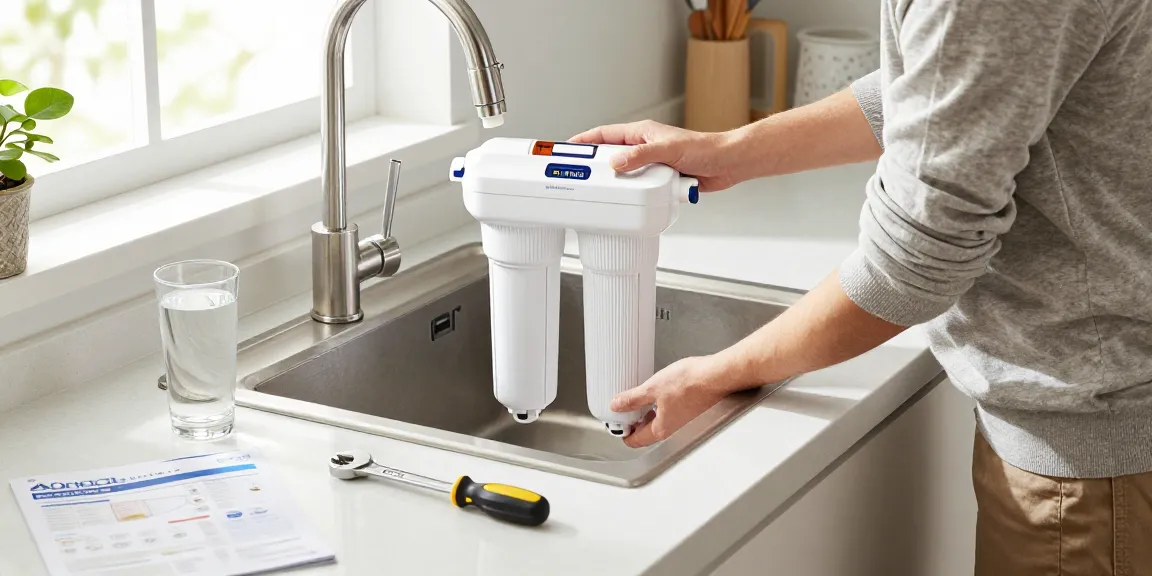 AQUACREST AP5527 Reverse Osmosis Pre and Post Water Filter Cartridge installation in a bright kitchen, emphasizing ease of use and reliability.