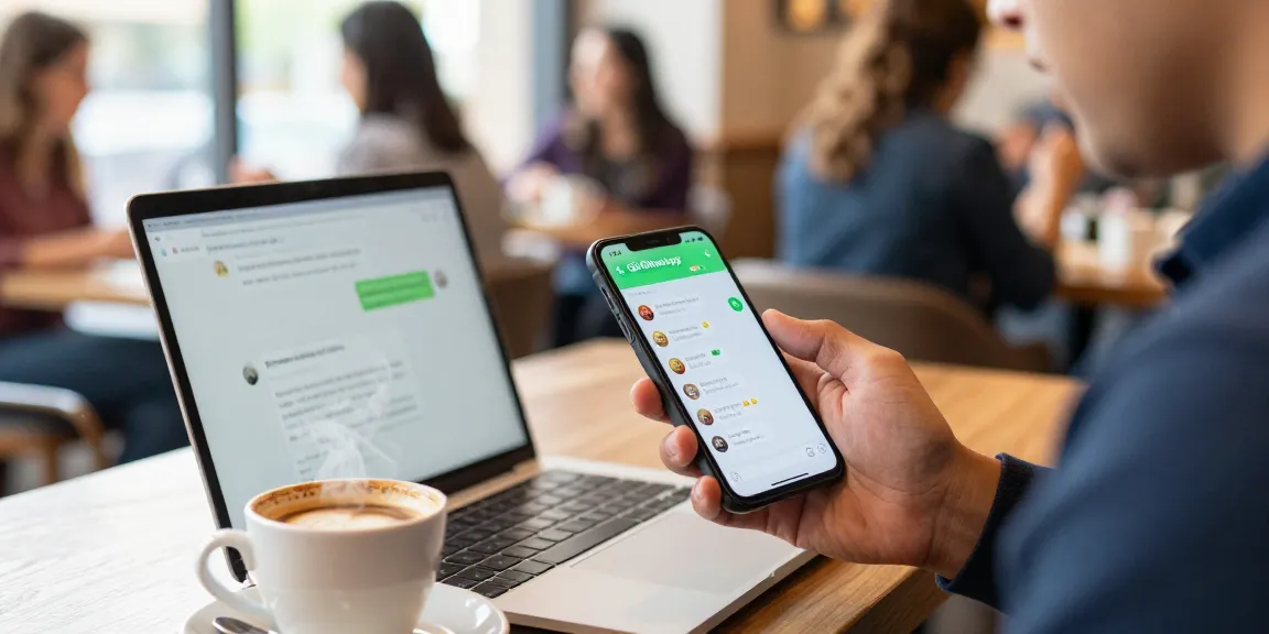 Engaged user exploring GBWhatsApp features on smartphone in a cozy café setting.