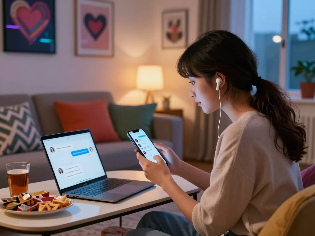 Engaging moment with ai girlfriend chatbot in cozy living room.