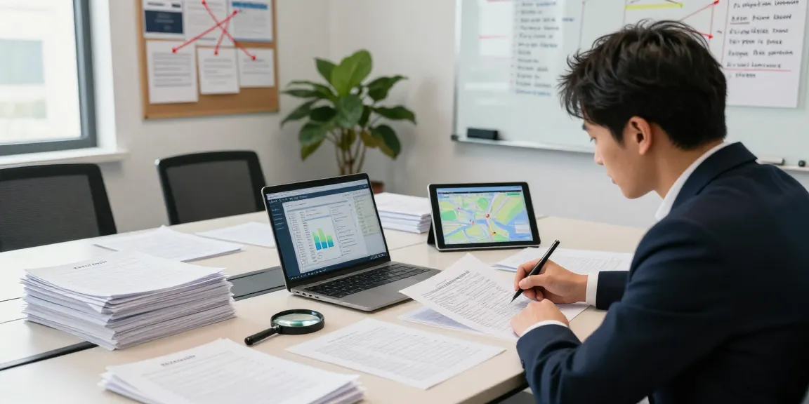 Investigator analyzing asset tracing data at a conference table with documents and digital tools