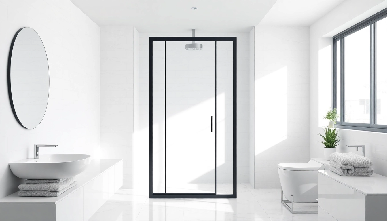 Stylish bathroom featuring a sleek shower door black frame and modern fixtures, showcasing elegance.