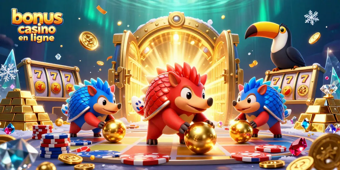 Bonus casino en ligne avec des pangolins rivaux jouant au bowling parmi des jetons de poker.