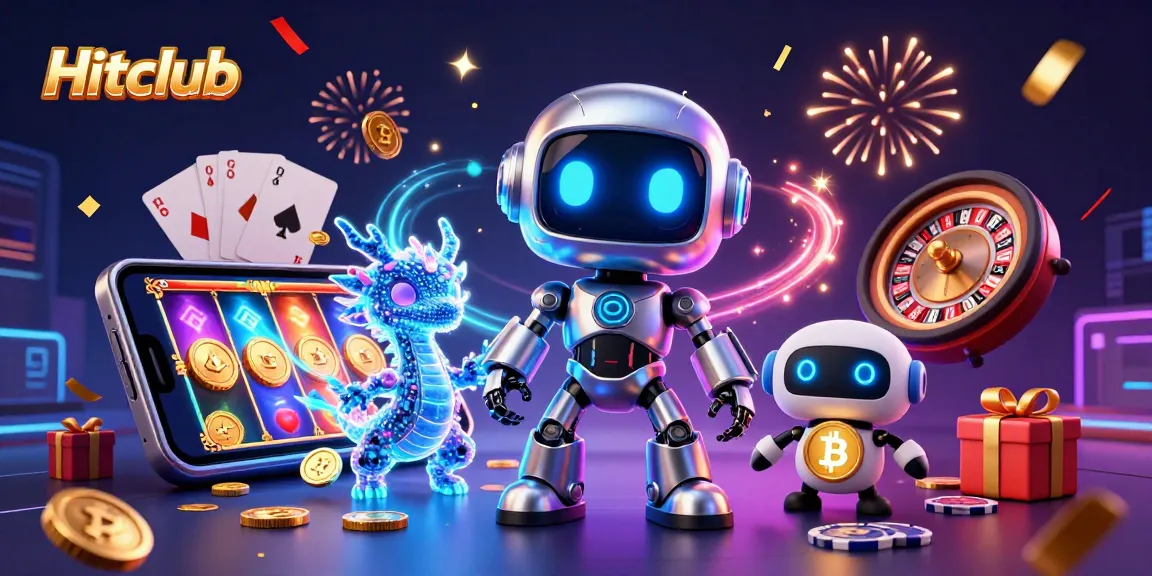 Hitclub showcases a vibrant 3D casino scene with cyberpunk themes, featuring games and dynamic action.