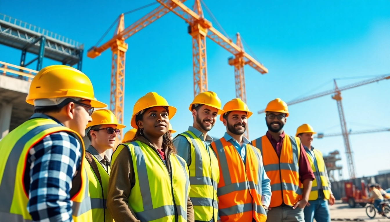 Workers collaborating effectively in construction workforce development on a busy site.