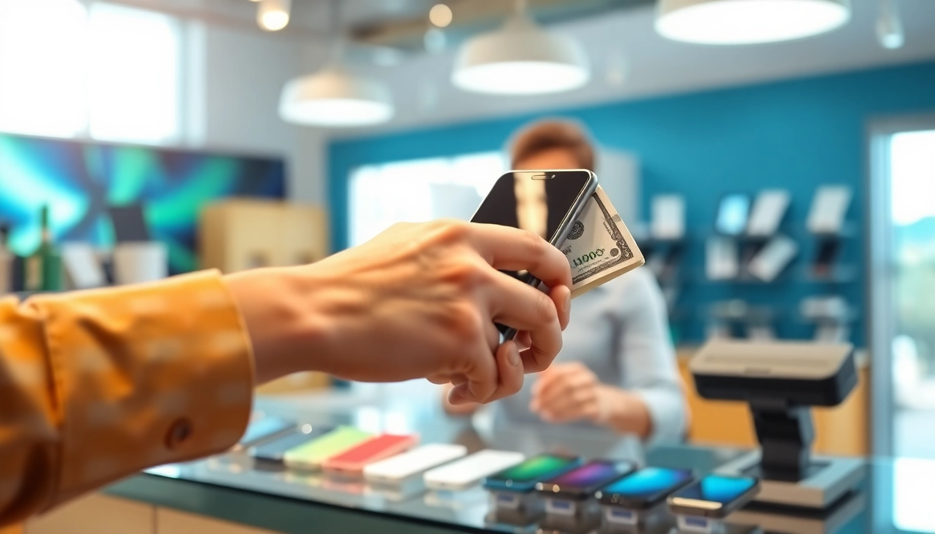 Sell phone cash process with happy customer in a vibrant store setting.