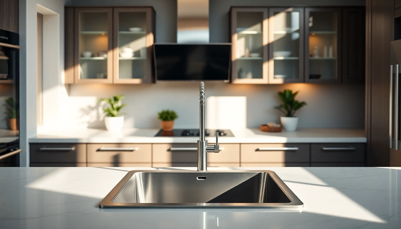 Showcasing a pristine steel sink in a stylish kitchen setup with modern decor.