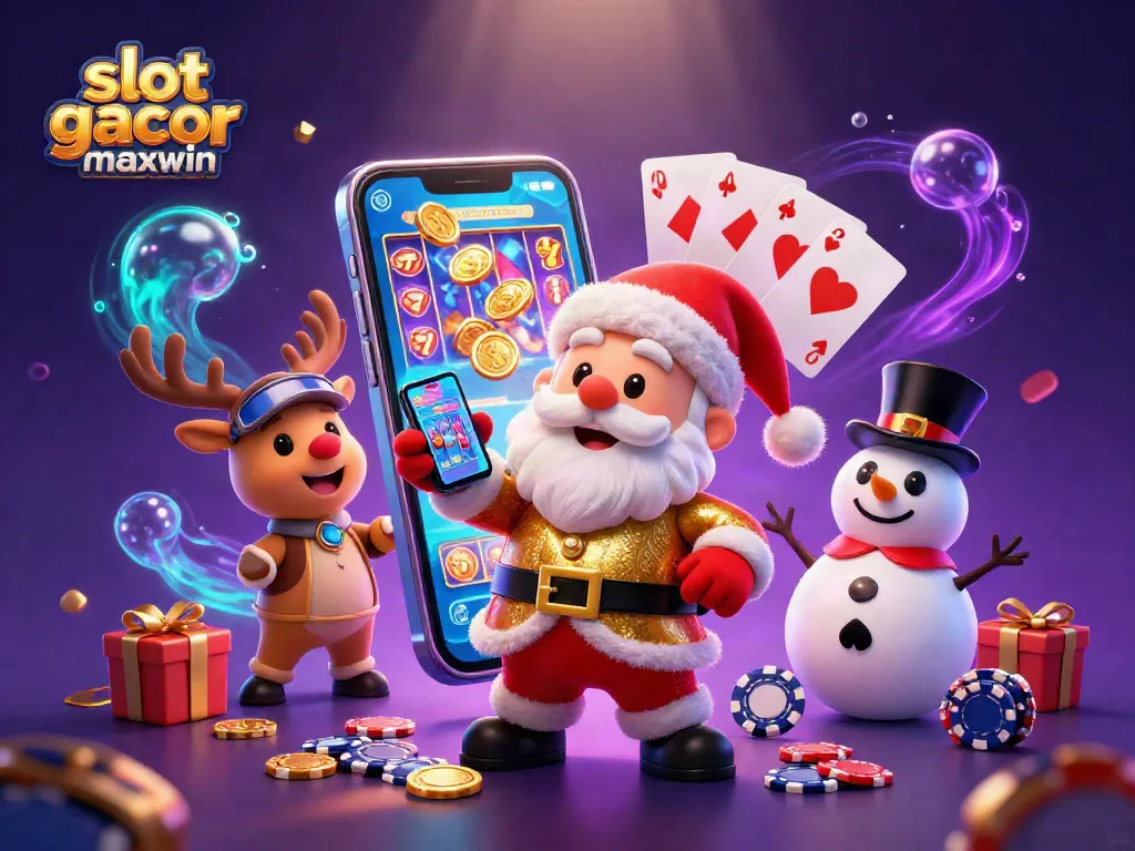 Spin to win with slot gacor maxwin – Santa and friends playing casino games with vibrant elements.