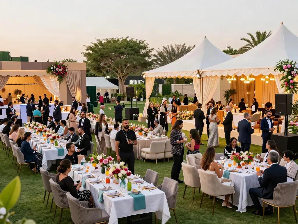 Event rental ksa scene featuring elegant outdoor setup for a corporate event with stylish furniture, luxury tents, and vibrant decorations.