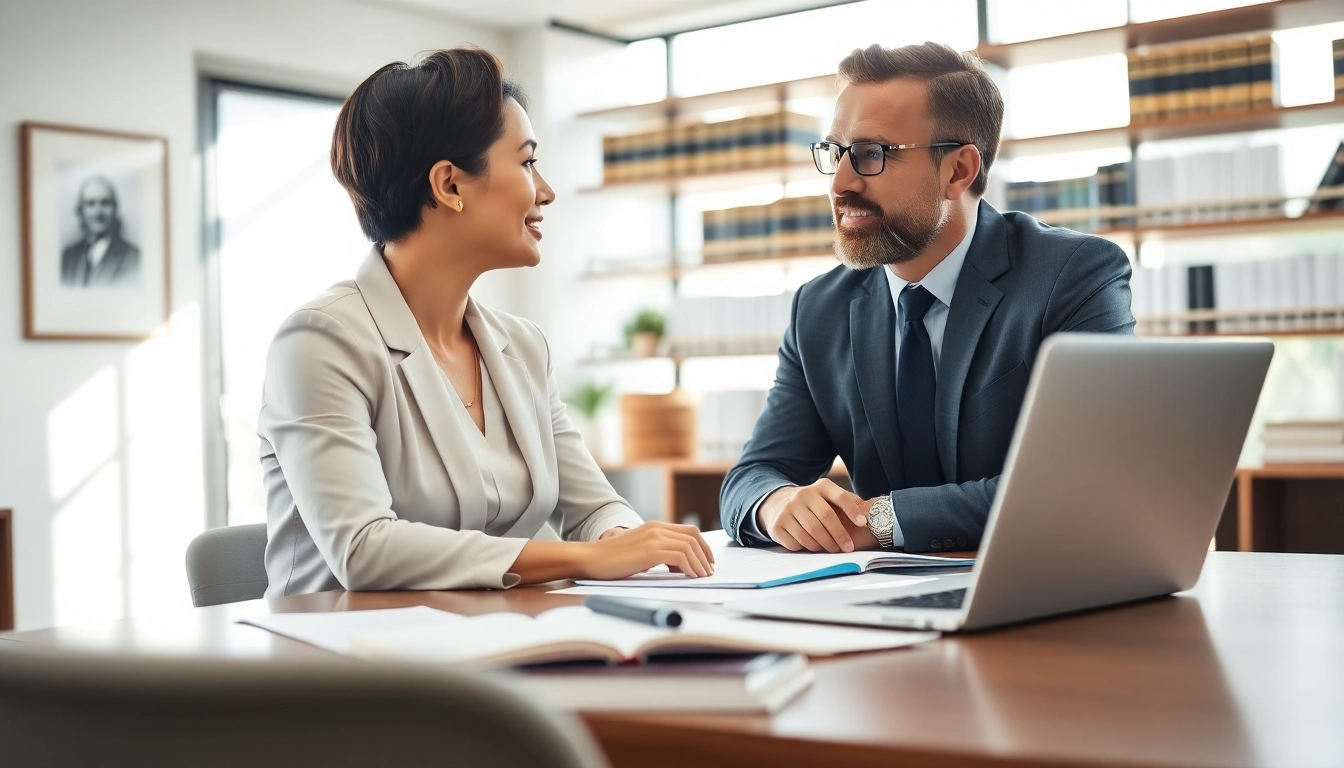 Betrug Strafrecht: A lawyer advising a client in a modern office on legal matters.
