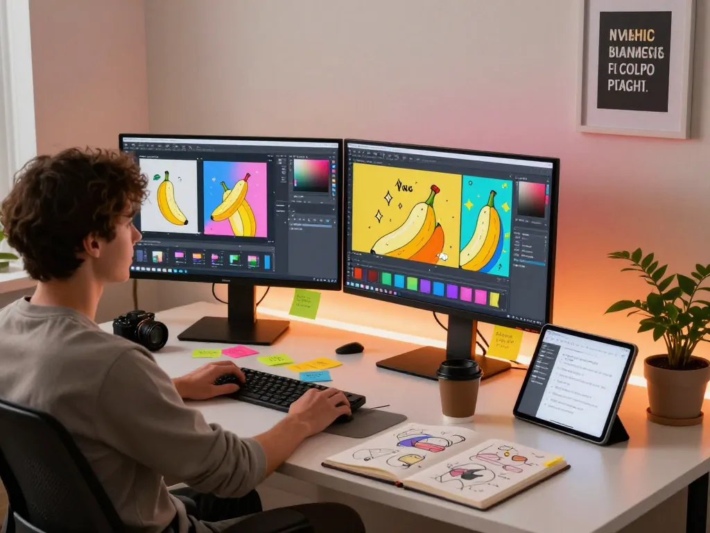 Creative workspace showcasing Nano Banana AI image editor, highlighting innovative designs and tools.