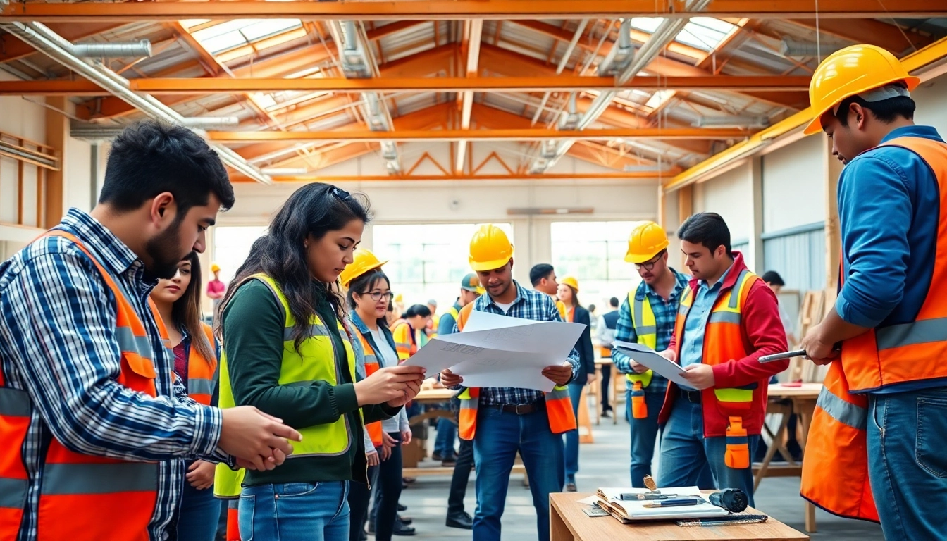 Participants actively engaged in construction training programs with tools and blueprints in a lively workshop.