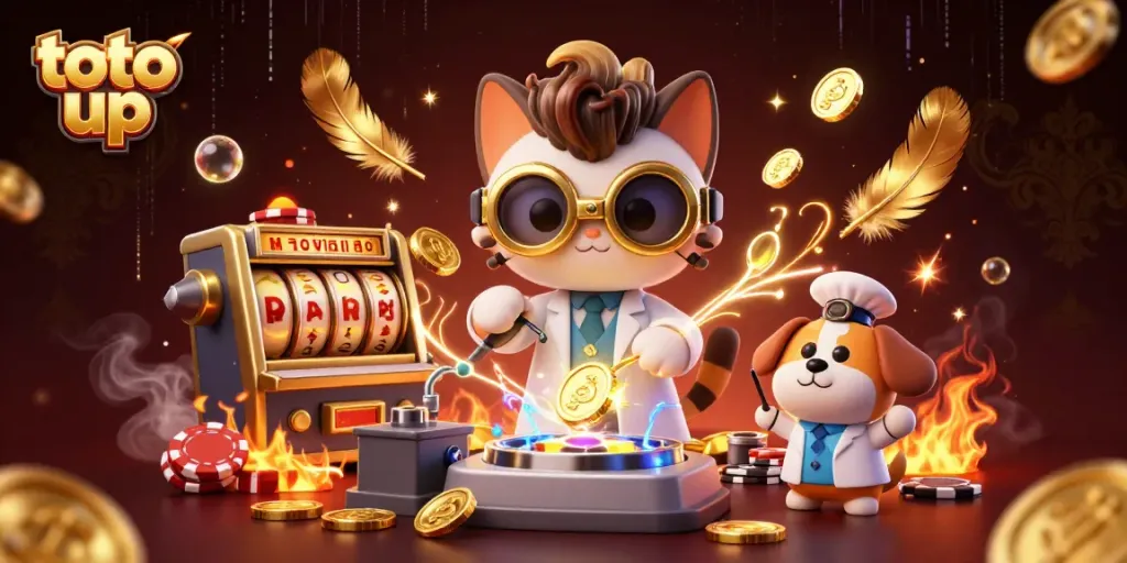 Experience excitement with toto up in this dynamic casino scene featuring golden coins and vibrant characters.