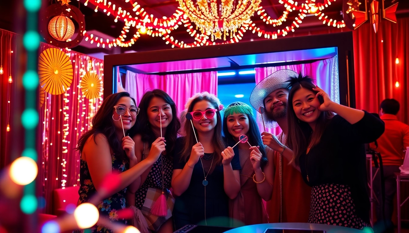 Friends enjoying a photo booth chicago experience, capturing joyous memories with vibrant props and decorations.