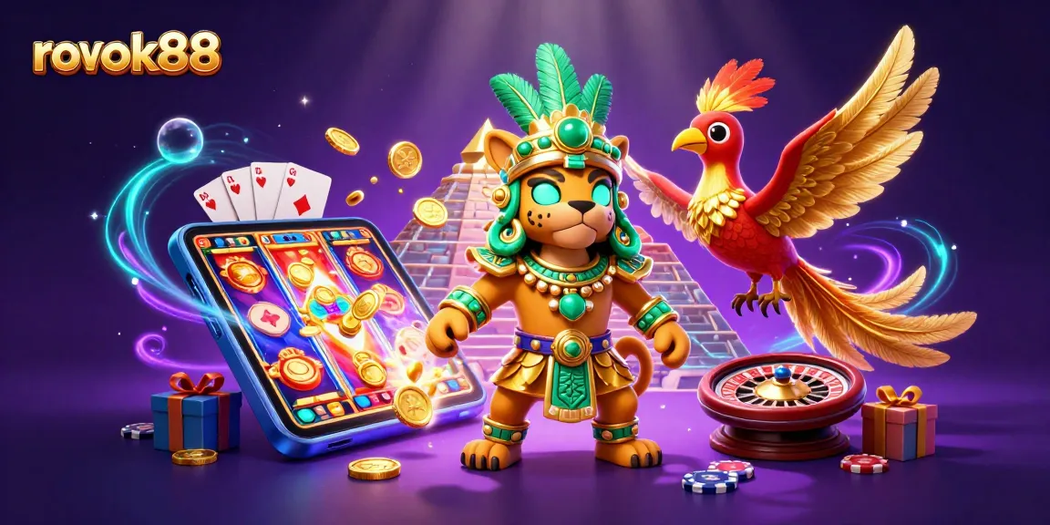 Experience thrilling gameplay with rokok88, a vibrant casino-themed scene showcasing colorful slot games and dynamic characters.