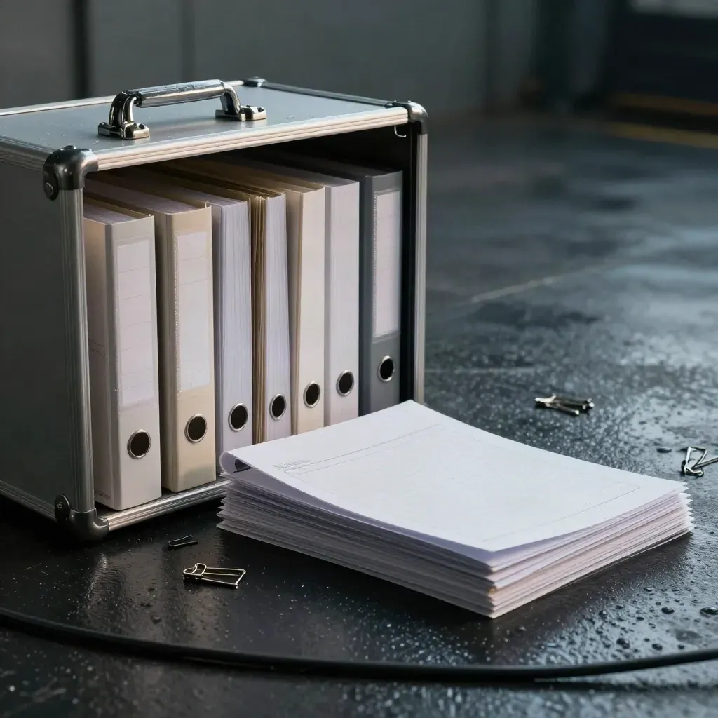 Open aluminum rollout case with binders and folders on a damp staging floor.