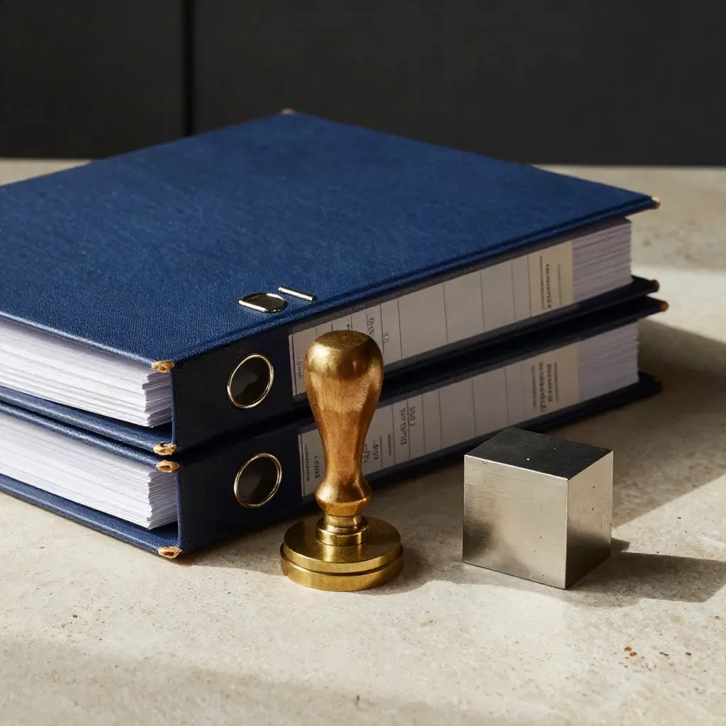 Macro still life of navy project binders, brass stamp and steel paperweight on stone.