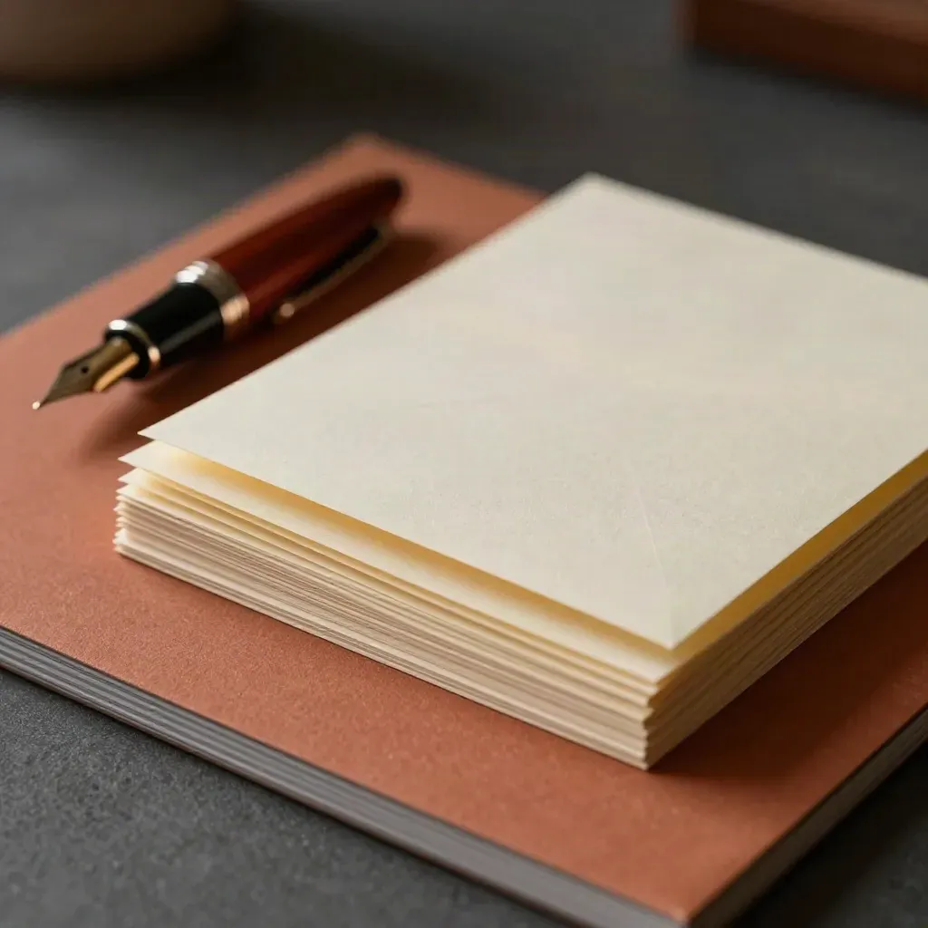 Overhead still life of envelope seals, a pen cap, and clipped note cards on warm terracotta.