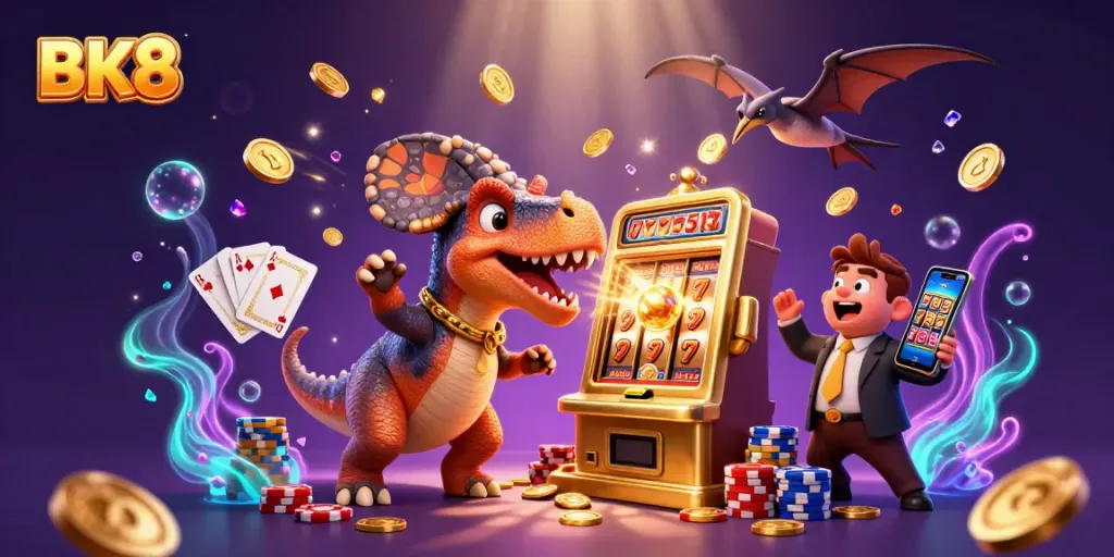 BK8 casino scene featuring cartoon dinosaurs enjoying slot machine jackpots and collecting coins.