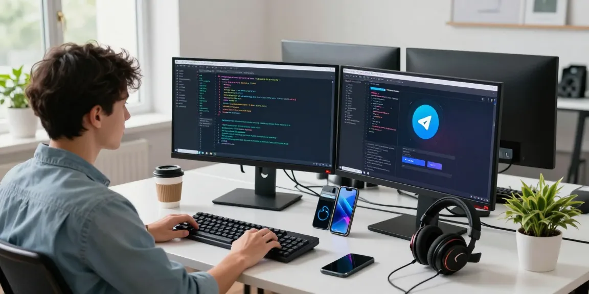 Developer working on Telegram中文版 interface in a bright tech workspace, showcasing modern coding tools and creative environment.