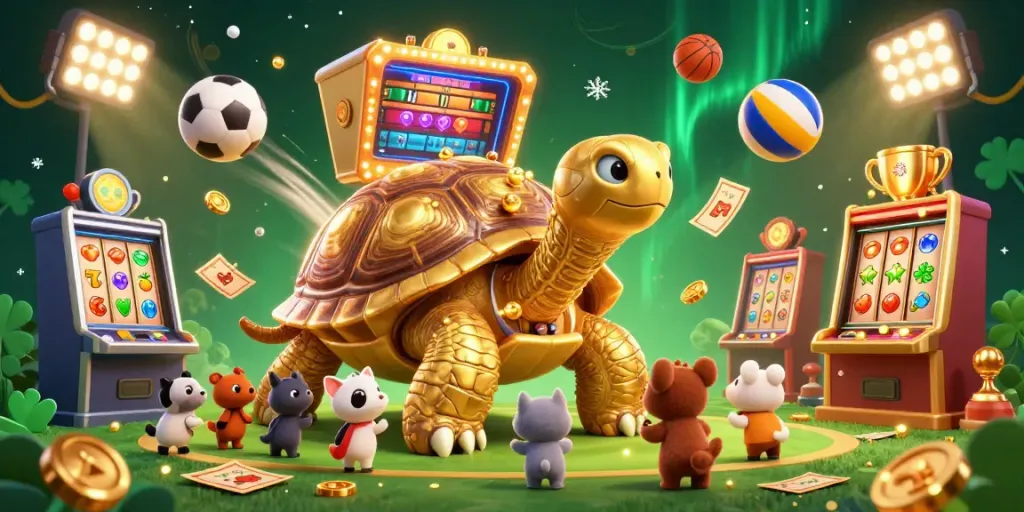 Play slot gacor on a vibrant golden tortoise pinball machine while small animals cheer nearby.