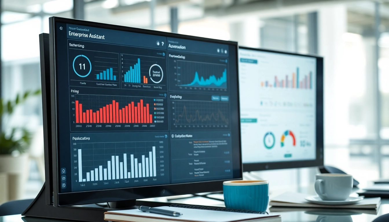 Showcase of enterprise assistant software interface in a high-tech office, enhancing productivity.