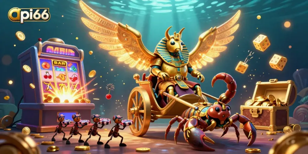 Experience thrilling gameplay at api66 with a vibrant chariot scene and slot machine explosions.