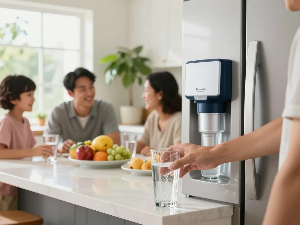 Family enjoying clean water from the Filterlogic 4396508 Refrigerator Water Filter in a bright kitchen.