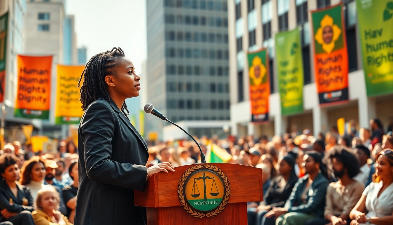 Prominent human rights activist addressing a diverse audience at a conference.