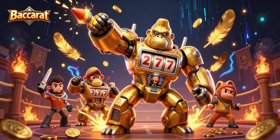 Baccarat game scene featuring a golden gorilla mech surrounded by casino elements and dynamic energy.