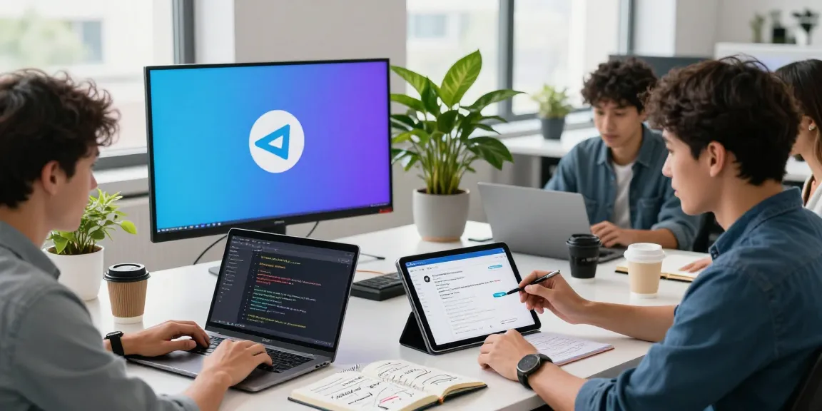 Developers collaborating on telegram中文版 app in modern tech workspace