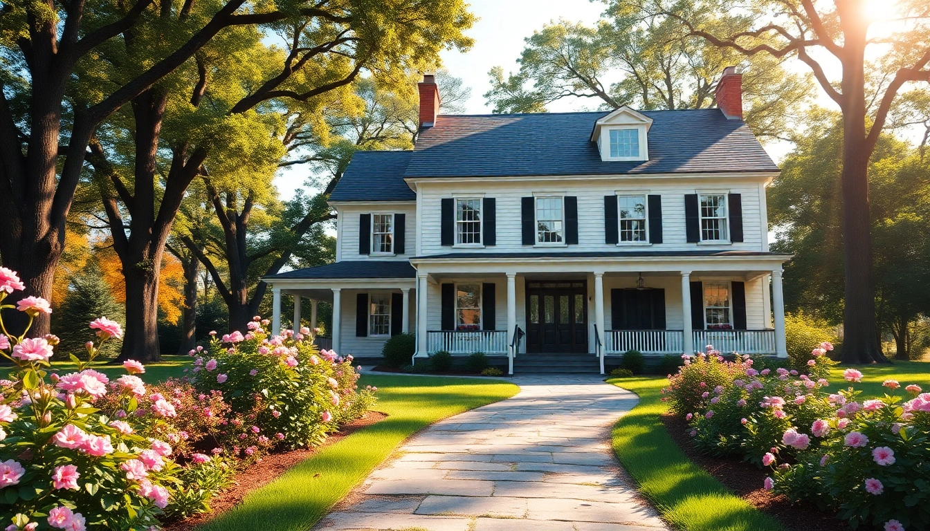 Visually striking colonial home build surrounded by lush gardens and trees.