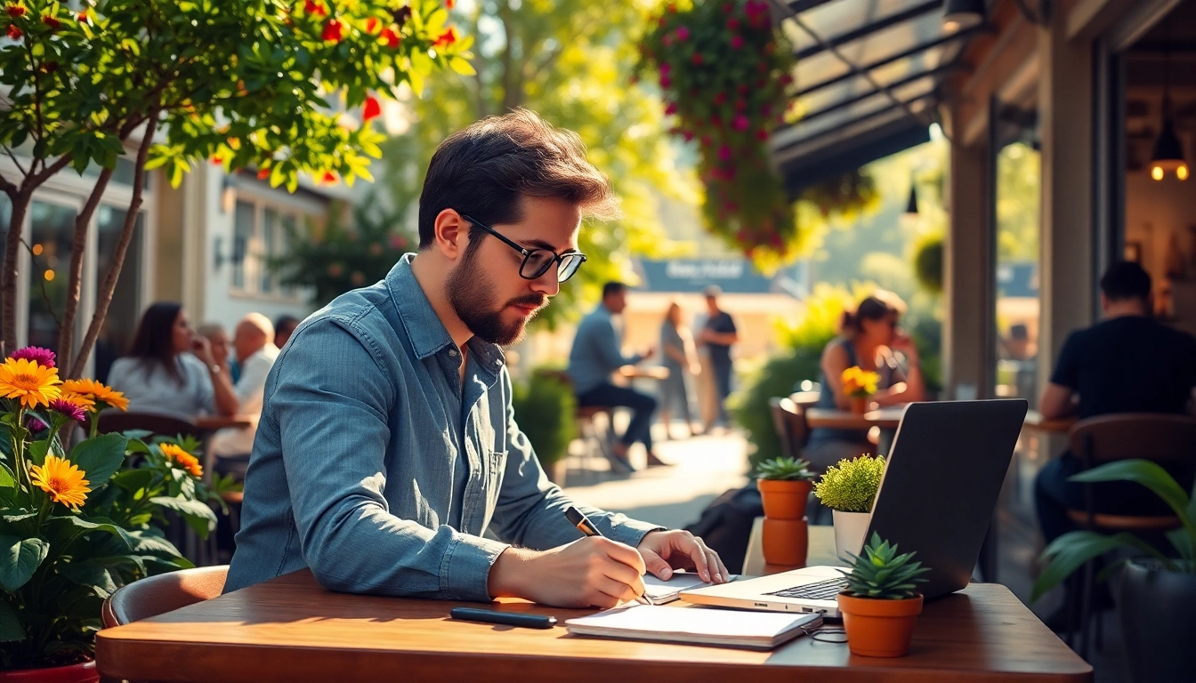 Capture the essence of https://www.todayville.com with a journalist writing at a lively café.