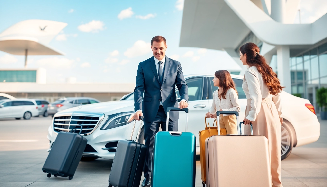 Efficient Private Airport Transfers with a chauffeur assisting a family at an airport.
