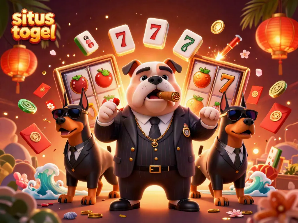 Engaging illustration of situs togel with mafia bulldog and Doberman guards amid vibrant casino elements.