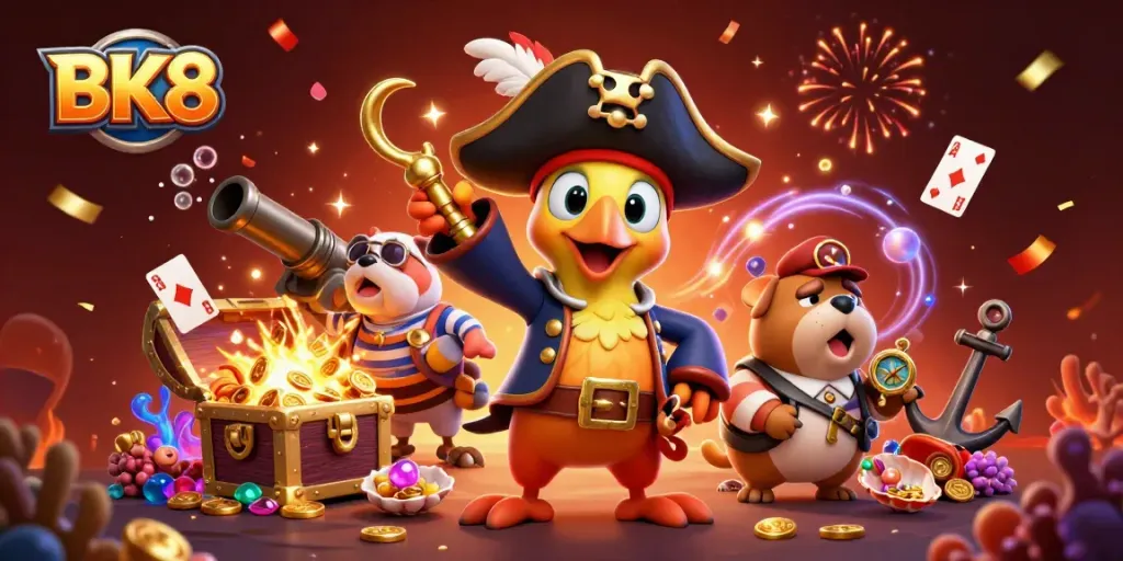 Engage in thrilling casino action with BK8's vibrant illustration showcasing exhilarating games and rewards.