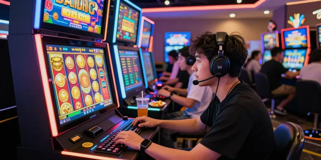Pengguna situs jptoto dengan fokus pada mesin slot jackpot dalam suasana bermain yang meriah.