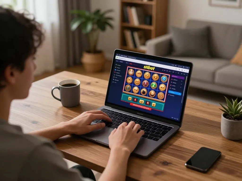 Engaging in online gaming at shbet casino with a laptop in a cozy home setup.