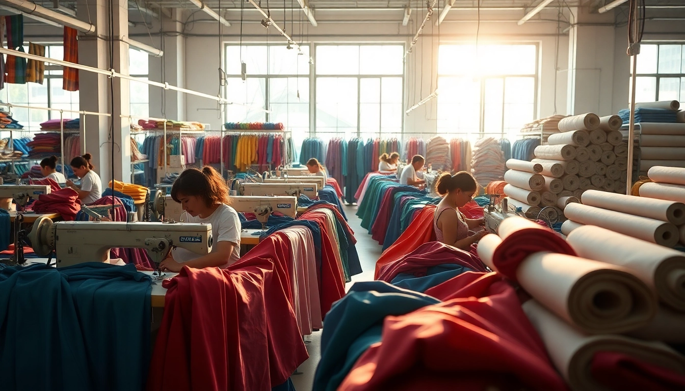 Clothing Manufacturer China showcasing skilled workers in a vibrant factory atmosphere.