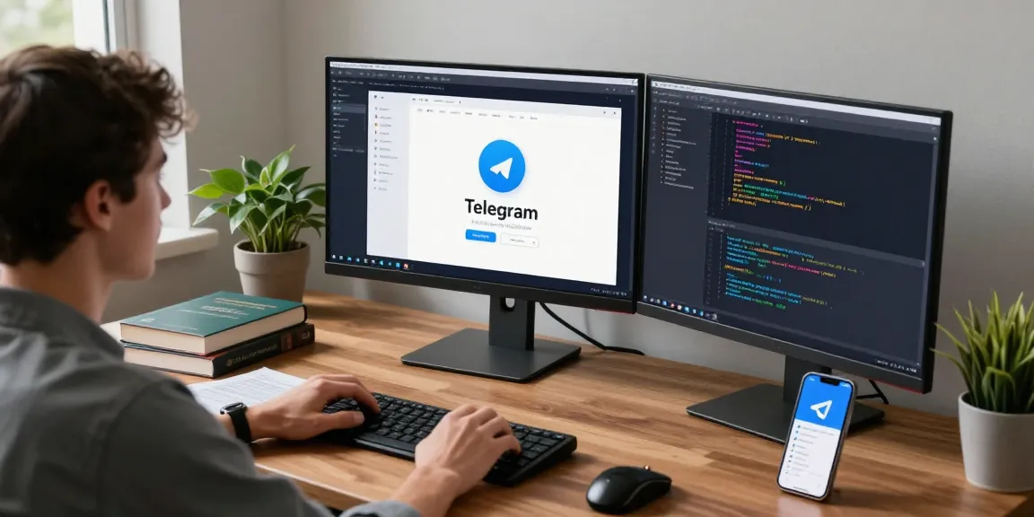 Developer working on telegram中文版 interface in a modern workspace.