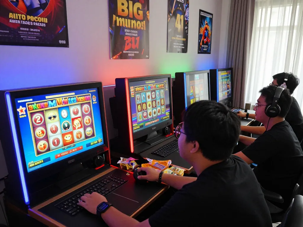 Pengalaman bermain yang mengasyikkan dengan pemain di rumah menikmati situs slot gacor di layar dengan animasi berwarna-warni dan pencahayaan ambient.
