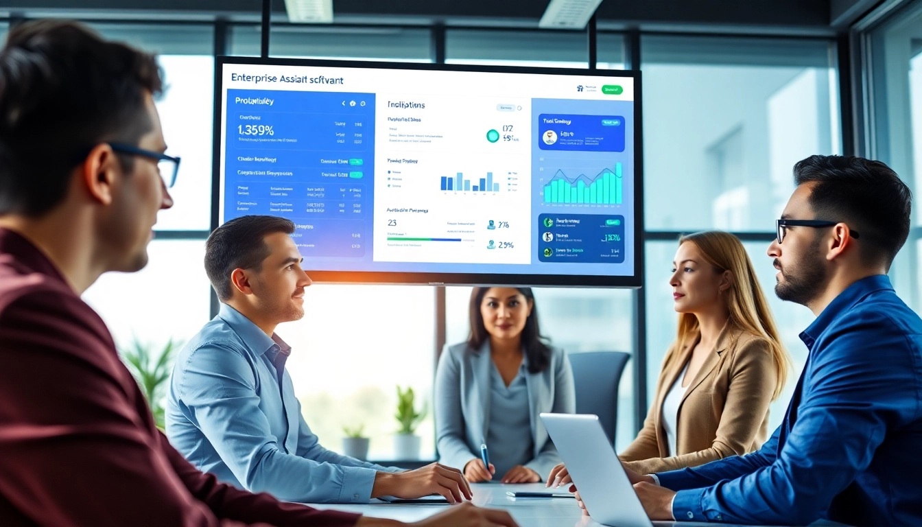 Showcasing enterprise assistant software, a diverse team collaborates around modern technology in a bright workspace.