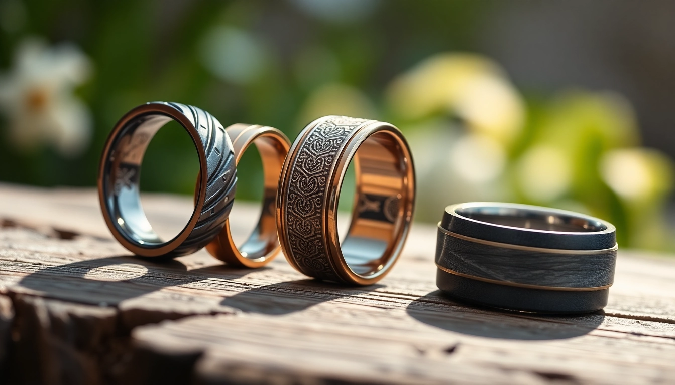 Elegant display of unique wedding bands for men showcasing various styles and craftsmanship details.