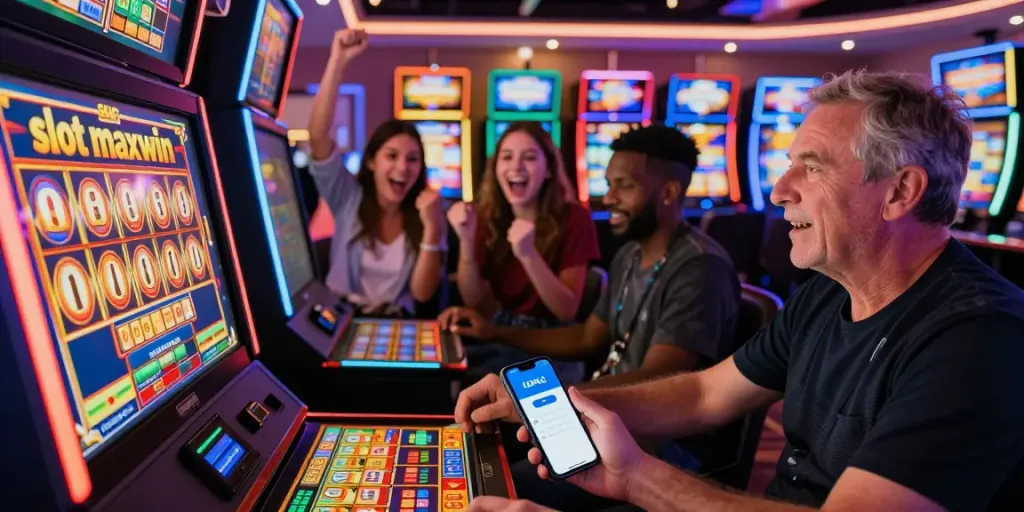 Exciting online gaming atmosphere showcasing slot maxwin celebration with a group of diverse players and a DANA e-wallet transaction.