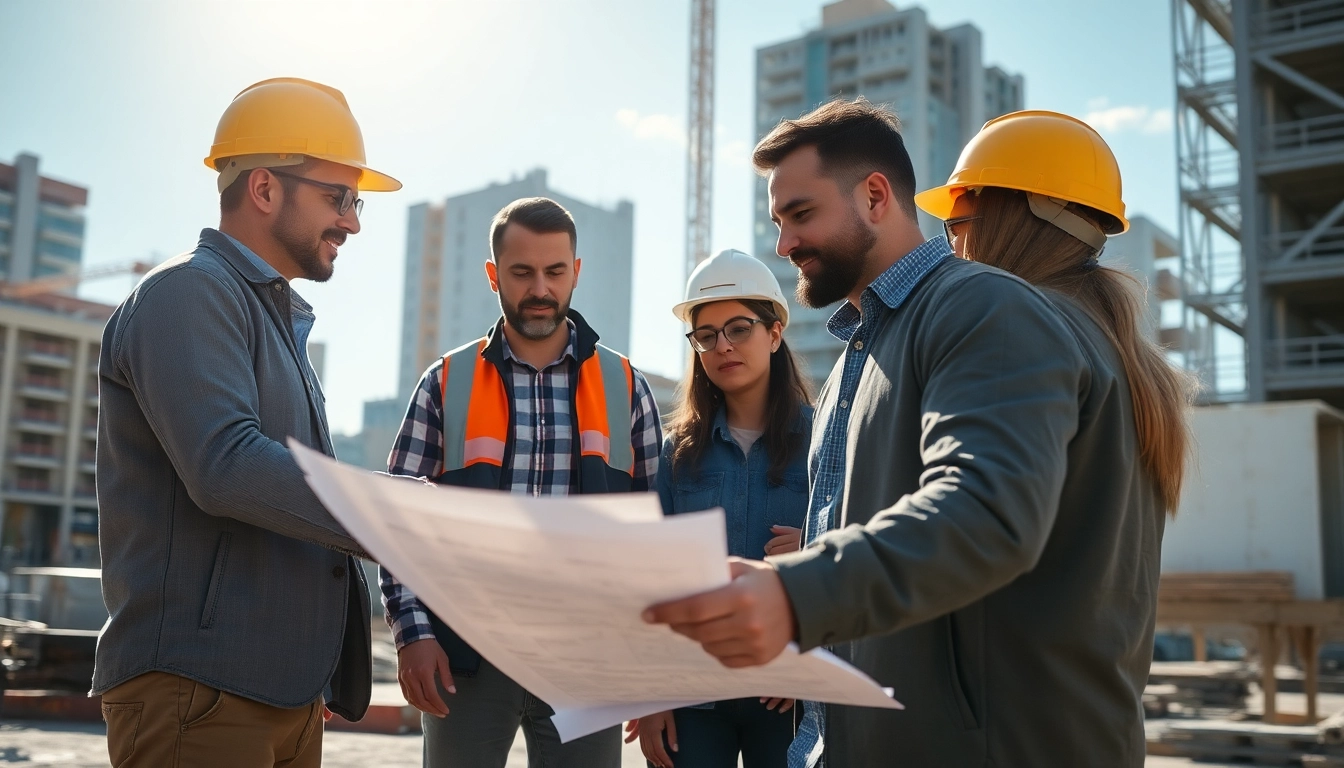 Engaged professionals participating in Construction management training session on a busy urban construction site.