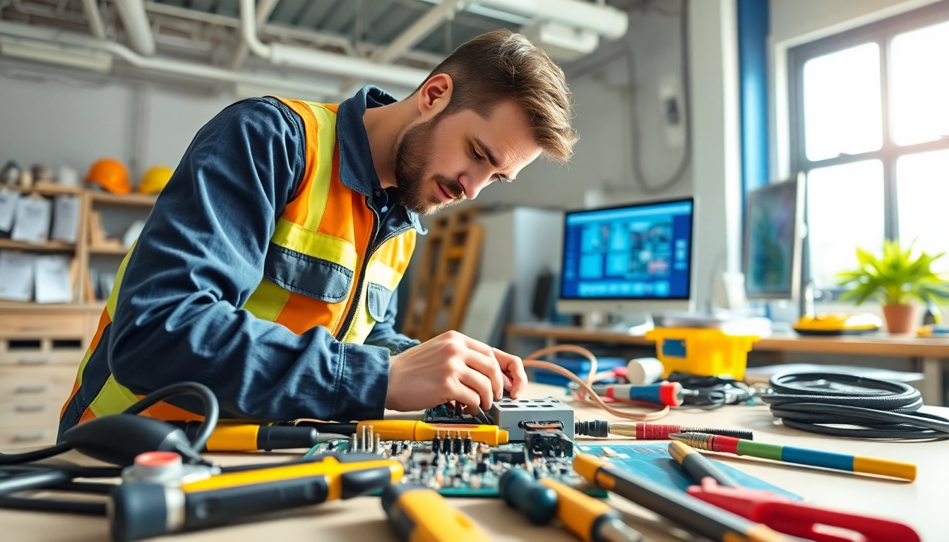Engaged in electrical apprenticeship, a professional electrician demonstrates circuit board work in a bright, organized workshop.