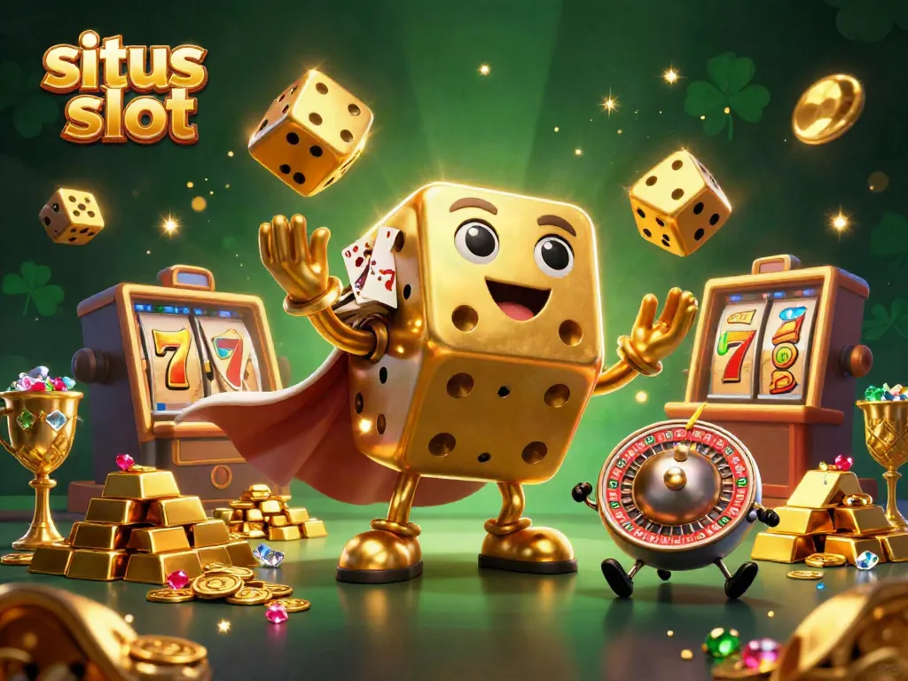 Engage in situs slot adventures with golden dice, slot reels, and sparkling treasures.