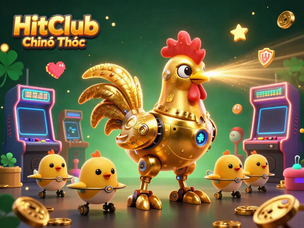 Engage with HitClub Chính Thức as a magnificent golden rooster robot guides players through a vibrant casino scene.