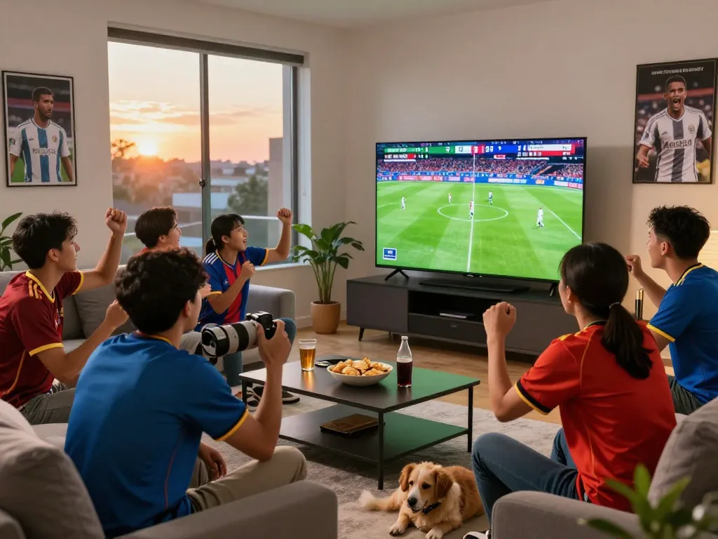 Fans enjoying a live match on Cakhiatv24h.com in a lively living room atmosphere.
