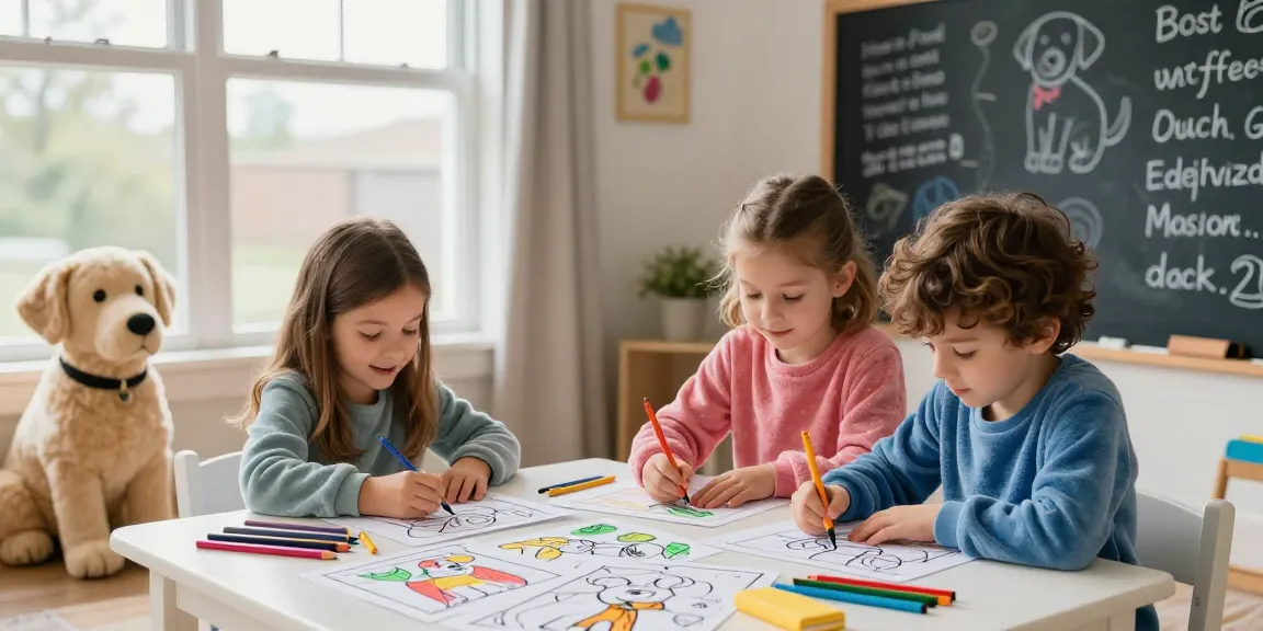 Easy coloring for preschoolers in a vibrant playroom with kids happily coloring Labrador Retriever pages.