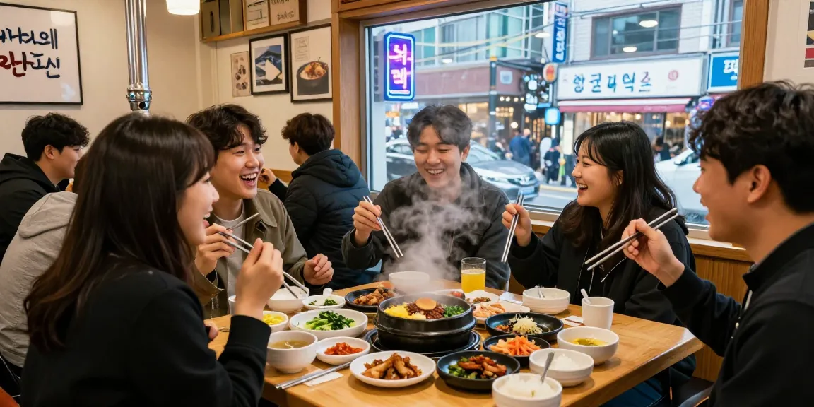 Savoring traditional dishes at 상봉동 한국관 with friends, vibrant Korean dining atmosphere.